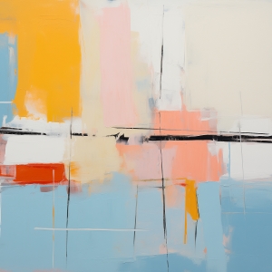 Peach, Yellow, and Blue Blocks with Black and White Lines