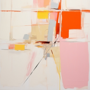 Large Pink Block with Red and Yellow Accents on Cream Grid