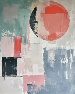 Grand Cercle Rouge avec Blocs Noirs et Roses sur Fond Vert-Gris