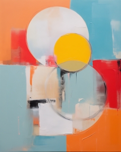 Überlappende Gelbe und Weiße Kreise auf Orangen und Blauen Blöcken