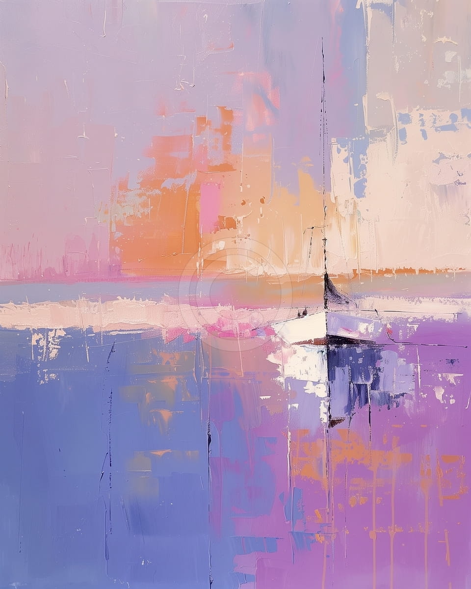 Voilier Abstrait sur Horizon Violet et Pêche