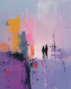 Zwei Figuren in Abstrakter Violetter Stadtszene