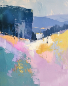 Abstrakte Landschaft mit Blauer Klippe und Pastellwiese