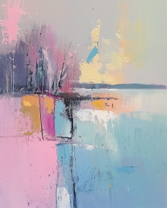 Abstraktes Ufer mit Bäumen und Pastellreflexionen