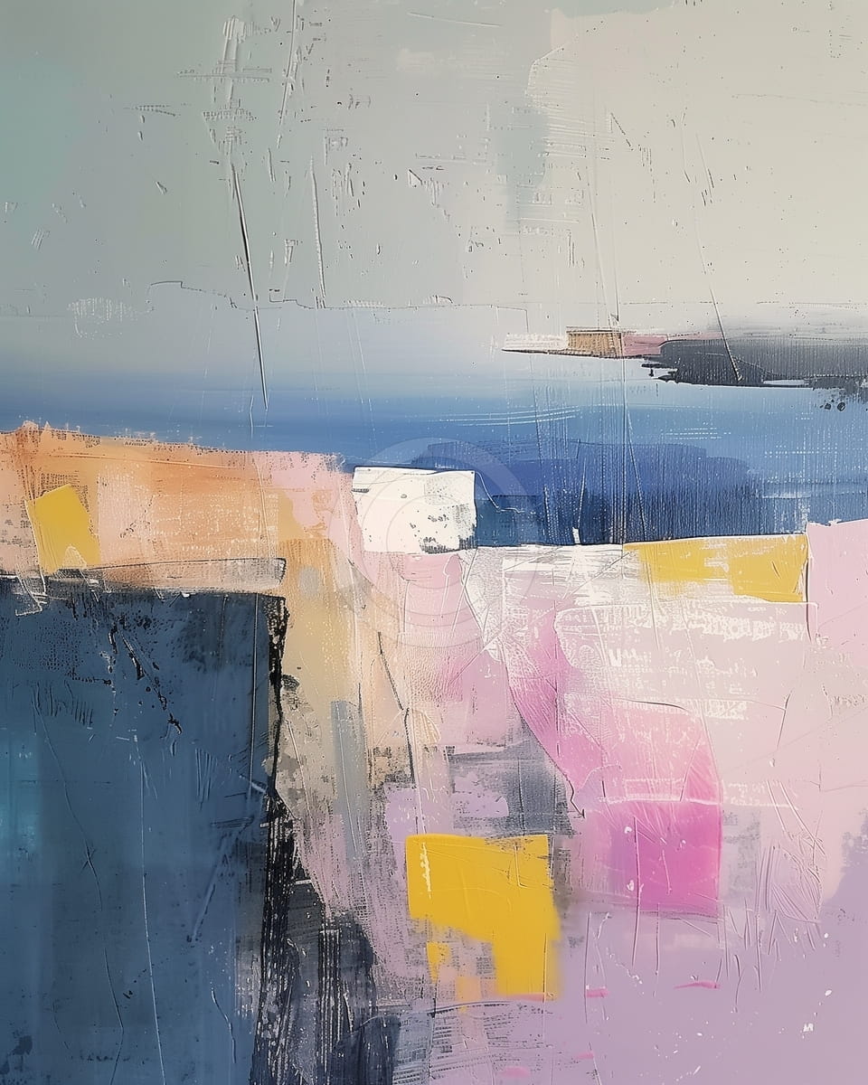Mur Bleu et Blocs Roses sous un Ciel Pâle