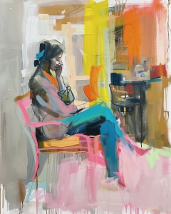 Femme Assise dans un Caf&eacute;
