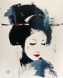 Geisha mit Geschlossenen Augen und Roten Lippen