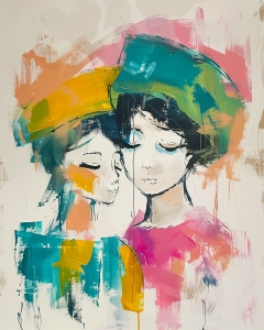 Dos figuras con ojos cerrados y sombreros coloridos