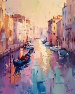 Gondel bei Sonnenuntergang auf venezianischem Kanal