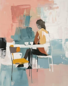 Mujer Sentada en Mesa de Caf&eacute; con Dos Tazas