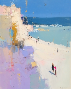 Strand unter Klippen mit Figuren im Pastelllicht