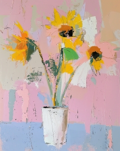 Drei Sonnenblumen in einem wei&szlig;en Topf