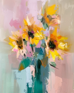 Tournesols dans un vase bleu-vert