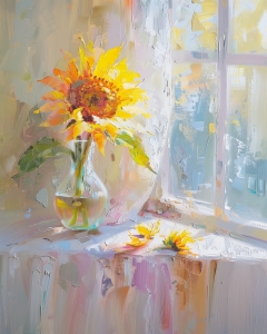 Einzelne Sonnenblume in Glasvase am Fenster