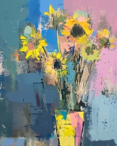 Tournesols dans un vase multicolore