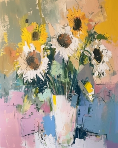 Tournesols et marguerites blanches dans un grand vase