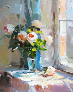 Roses blanches dans un vase bleu pr&egrave;s de la fen&ecirc;tre