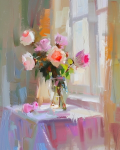 Rosa Rosen in Glasvase am Fenster