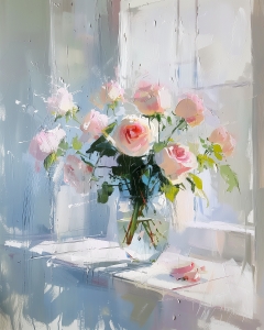 Roses Roses dans un Vase en Verre sur le Rebord de Fen&ecirc;tre