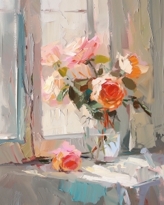 Rosas naranjas y rosas junto a la ventana