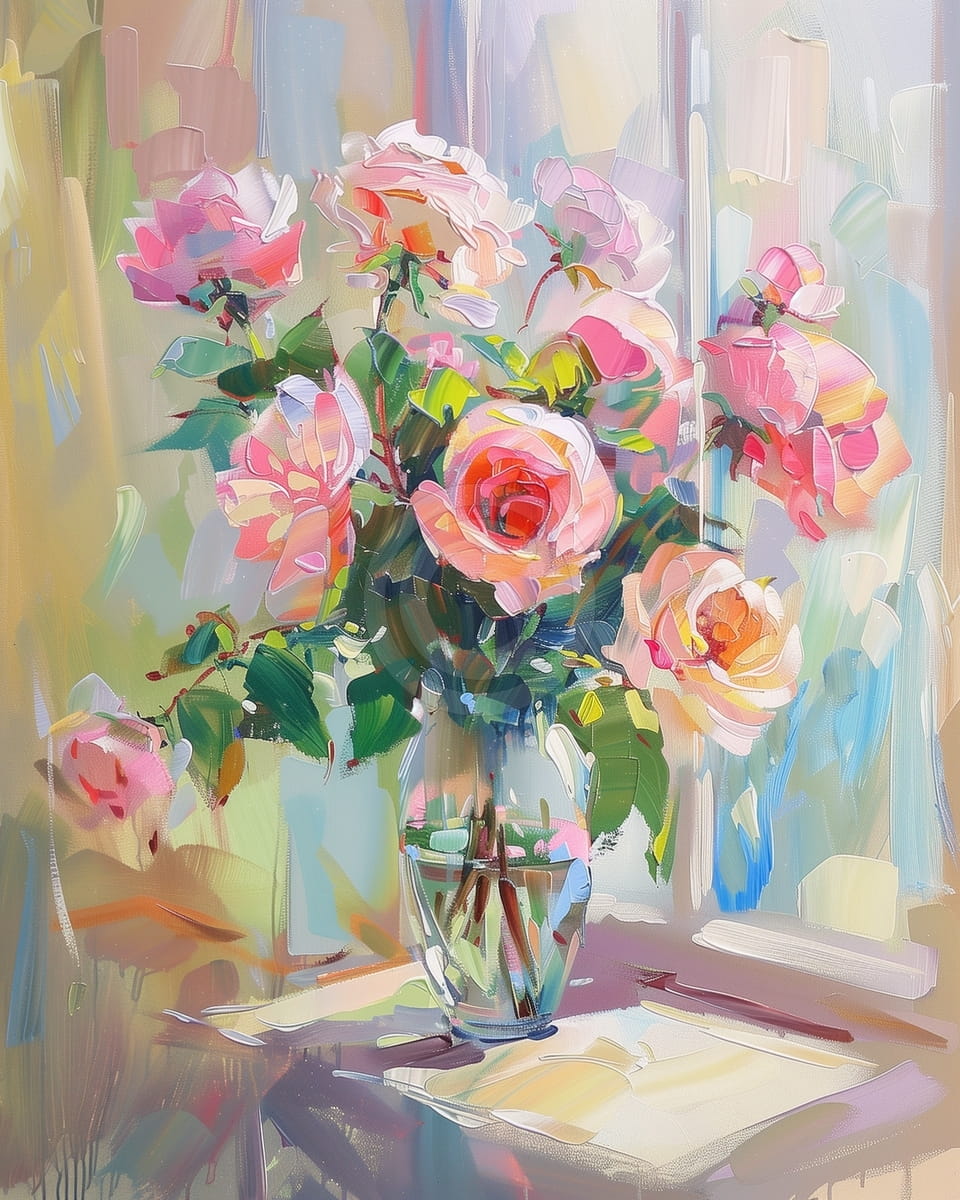 Roses roses dans un vase en verre