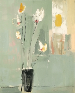 Minimalistische Vase mit gelben und wei&szlig;en Blumen