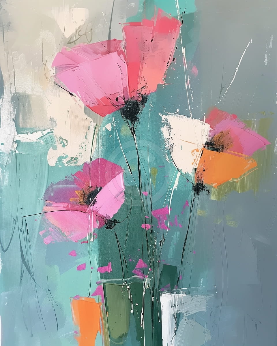 Fleurs Roses et Oranges dans un Vase Vert