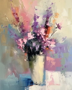 Fleurs Lavande et Roses dans un Vase Cr&egrave;me