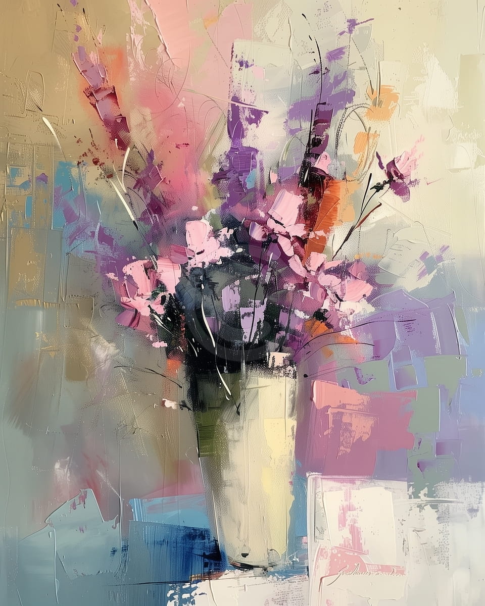 Fleurs Lavande et Roses dans un Vase Crème