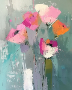 Fleurs Roses et Oranges sur Fond Vert