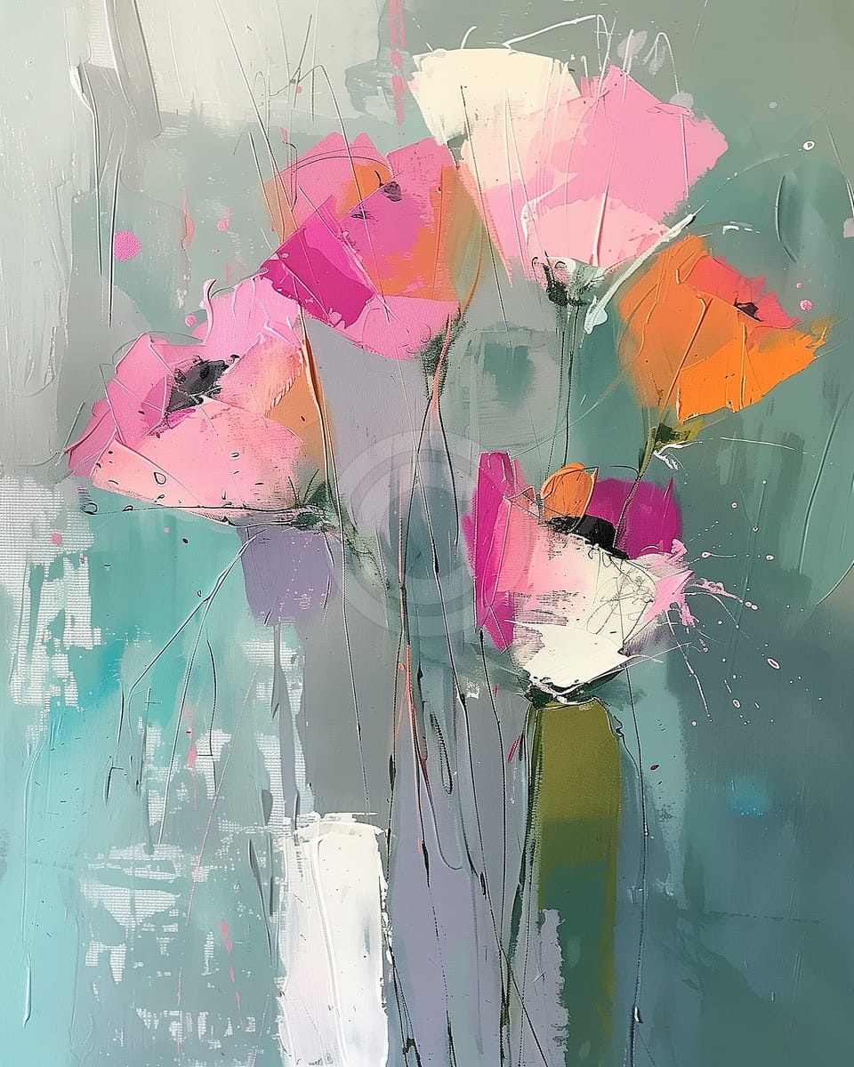 Fleurs Roses et Oranges sur Fond Vert