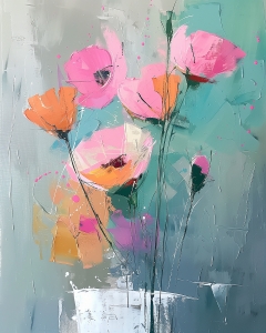 Rosa und Orangefarbene Blumen in Wei&szlig;er Vase