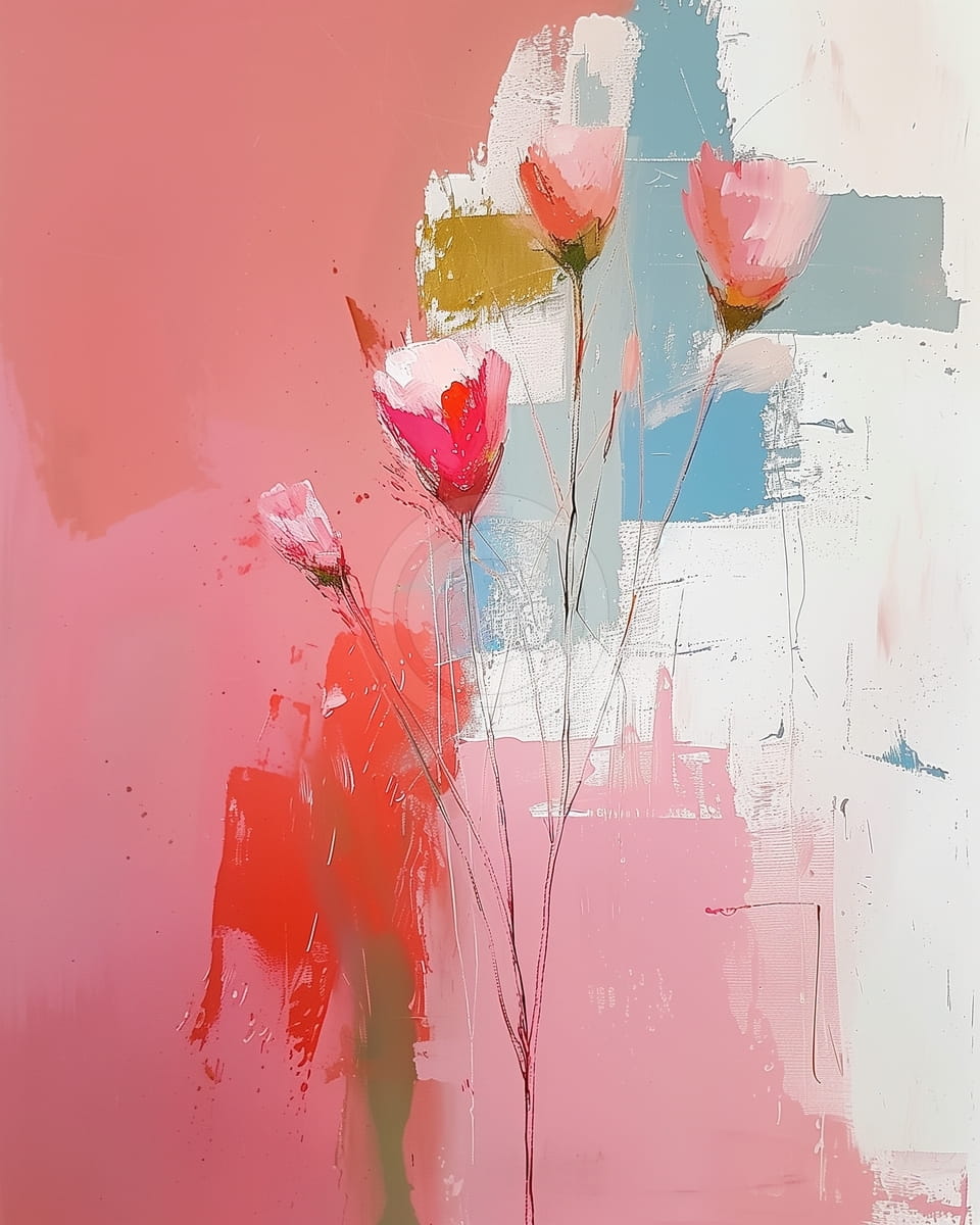 Fleurs Roses sur Fond Rouge