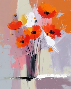 Fleurs Rouges et Oranges dans un Vase Fonc&eacute;