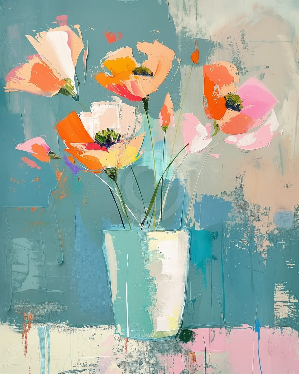 Fleurs Colorées dans un Vase Vert