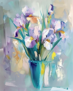 Iris Violets dans un Vase Bleu