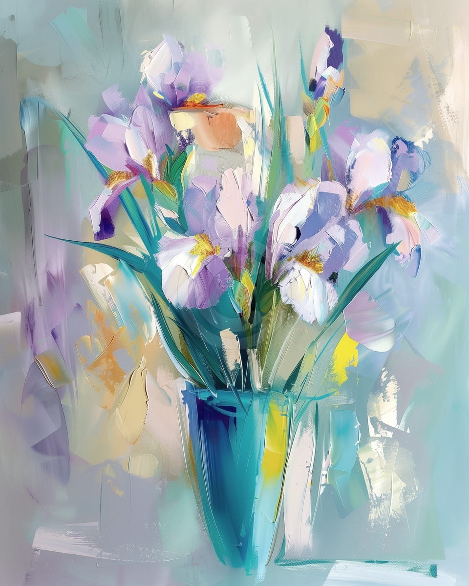 Lirios Violetas en un Florero Azul