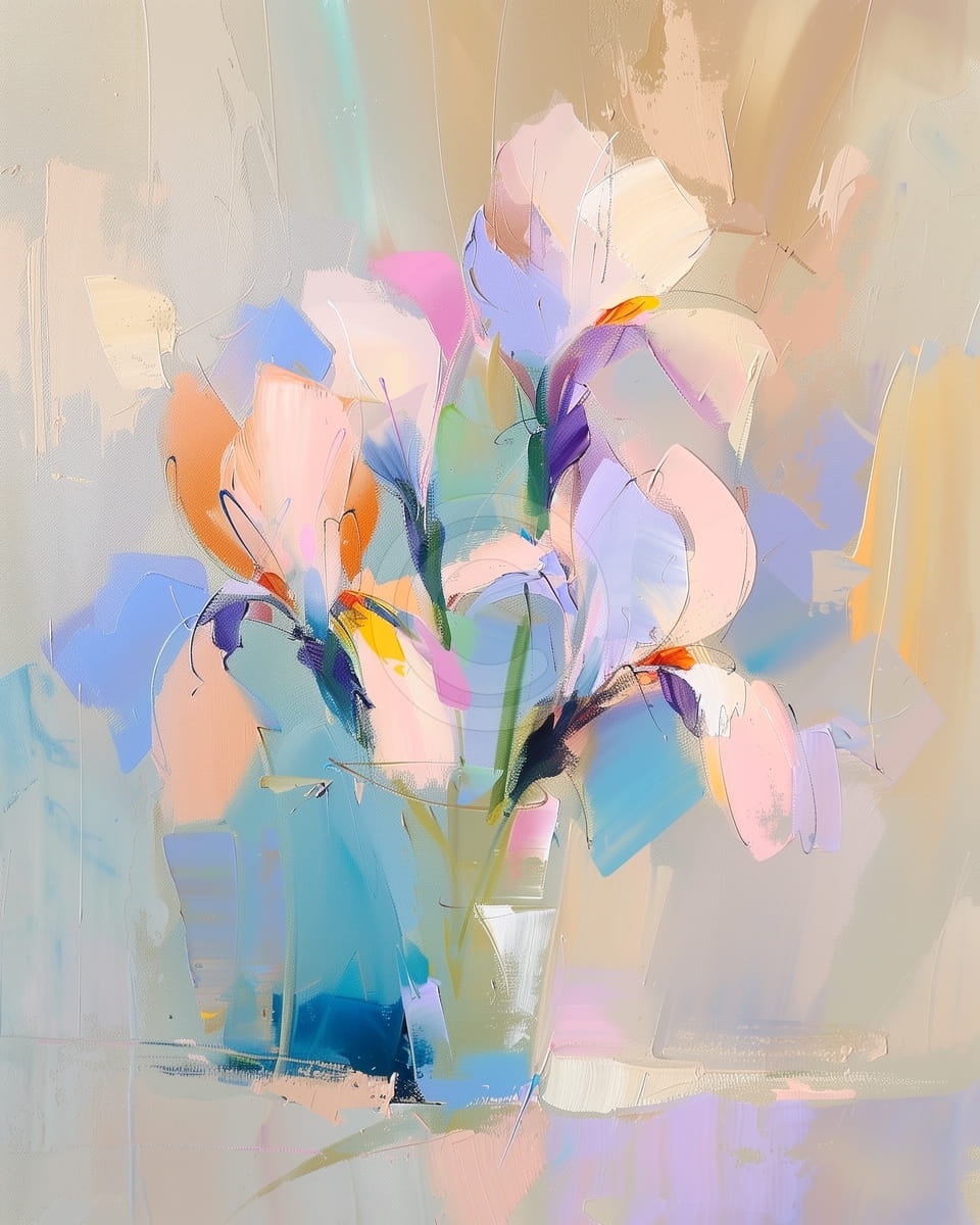 Fleurs Pastel dans un Vase en Verre Bleu