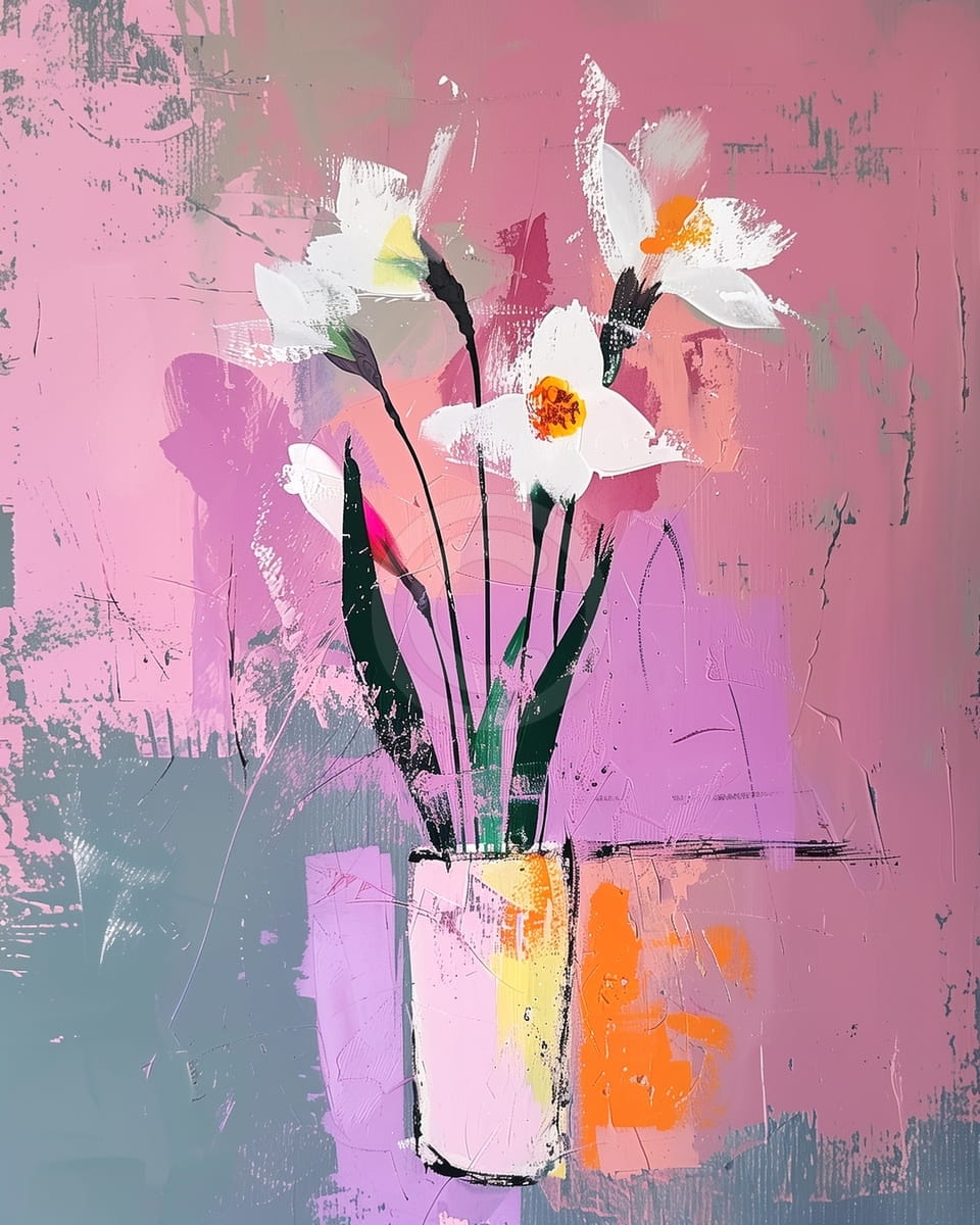 Fleurs Blanches dans un Vase Rose