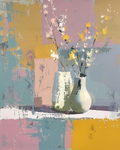 Zwei Wei&szlig;e Vasen mit Bl&uuml;henden Zweigen