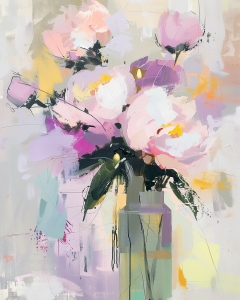Rosa Pfingstrosen in hoher gr&uuml;ner Vase