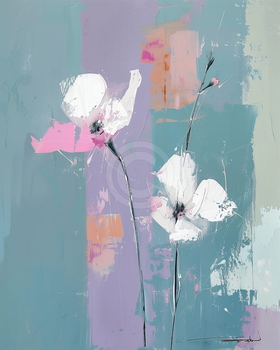 Zwei weiße Blumen auf türkis-lila Hintergrund
