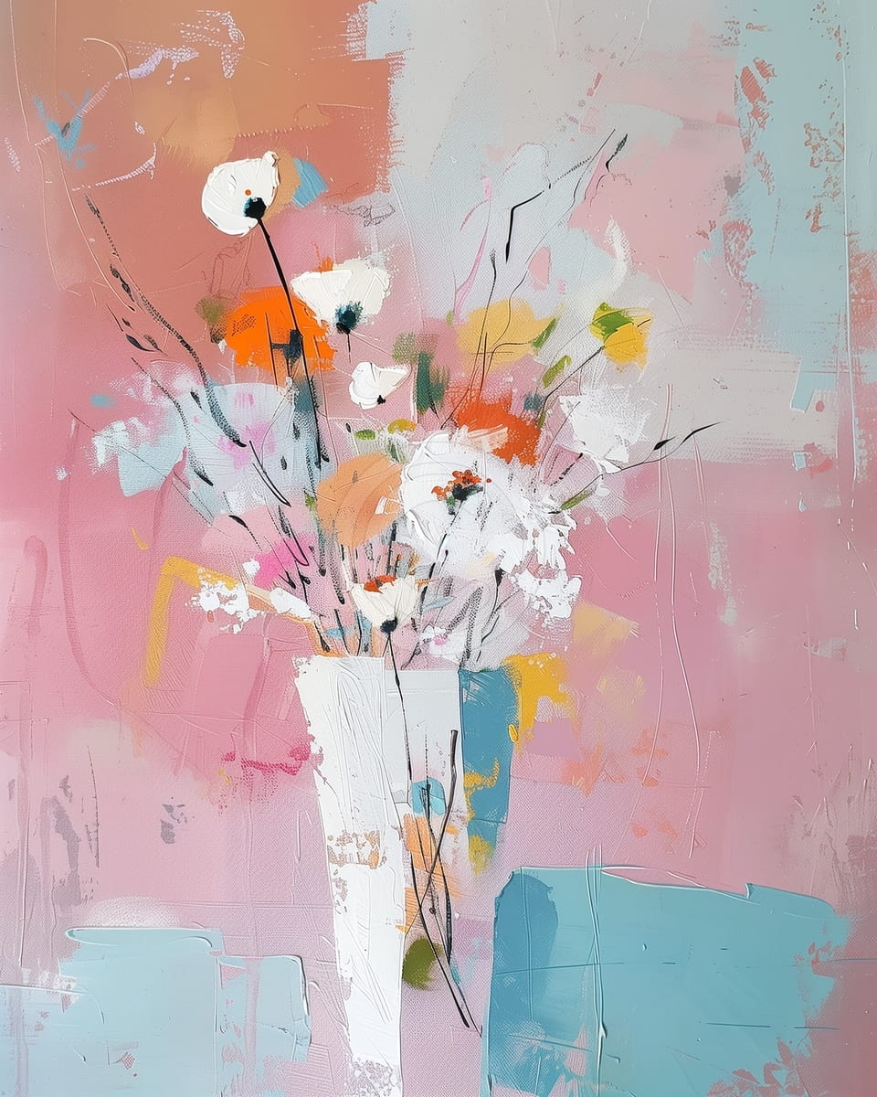 Fleurs blanches et orange sur fond rose