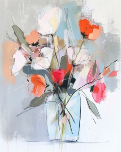 Fleurs rouges et blanches dans un vase carr&eacute;