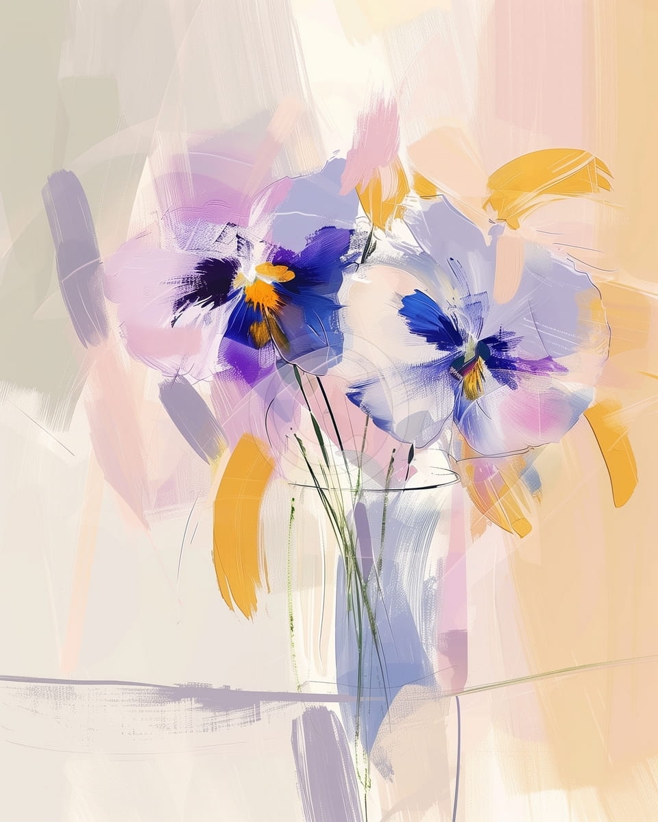 Blaue und violette Stiefmütterchen in einer Glasvase