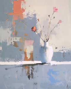 Fleurs clairsem&eacute;es dans un vase blanc