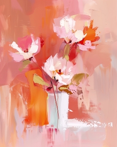 Rosa und wei&szlig;e Blumen auf korallenfarbenem Hintergrund