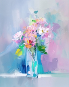 Bunte Blumen in einer hohen Glasvase