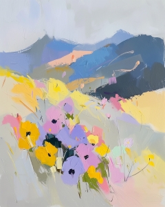 Blumen auf einem Feld mit Bergblick