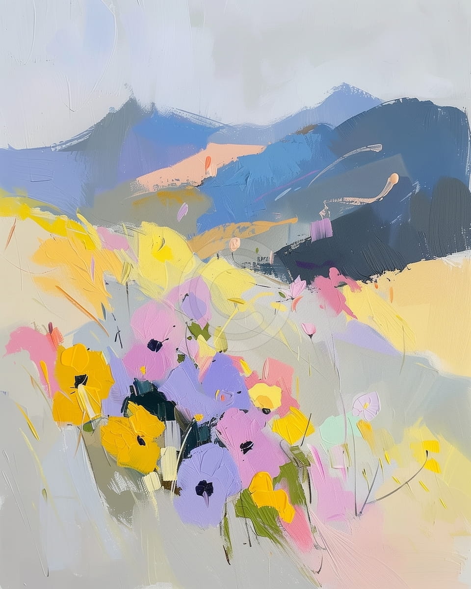 Flores en un campo con vista a la montaña